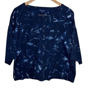 J. Jill Indigo Navy Marble Dye Cotton Button Crop Blouse Women Size M